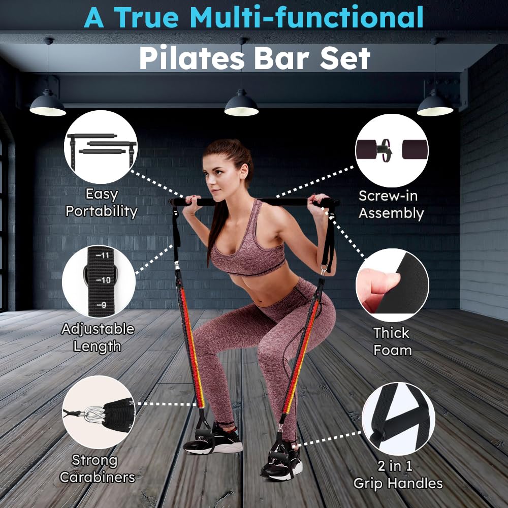 Kit de barra de pilates con bandas de resistencia, 3 bandas de bucle + 1 cuerda de saltar y equipo de entrenamiento de cuerpo completo, canal de video dedicado, gimnasio portátil en casa