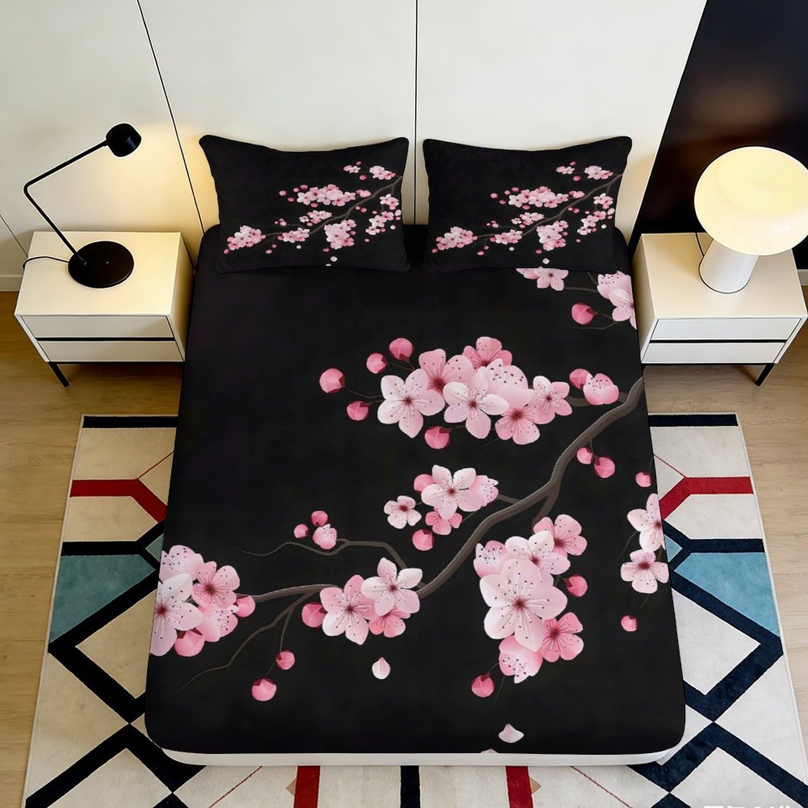 3D Printed Sakura Blossom Fitted Sheet Microfiber Anti-Slip Bed Cover for Bedroom Guest Room Machine Washable Decor 160x200x25cm