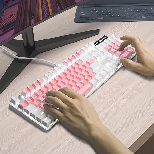 Miniatura 7 de MageGee Teclado mecánico para juegos, interruptor azul mejorado de 104 teclas, teclado retroiluminado blanco, teclado mecánico con cable USB para