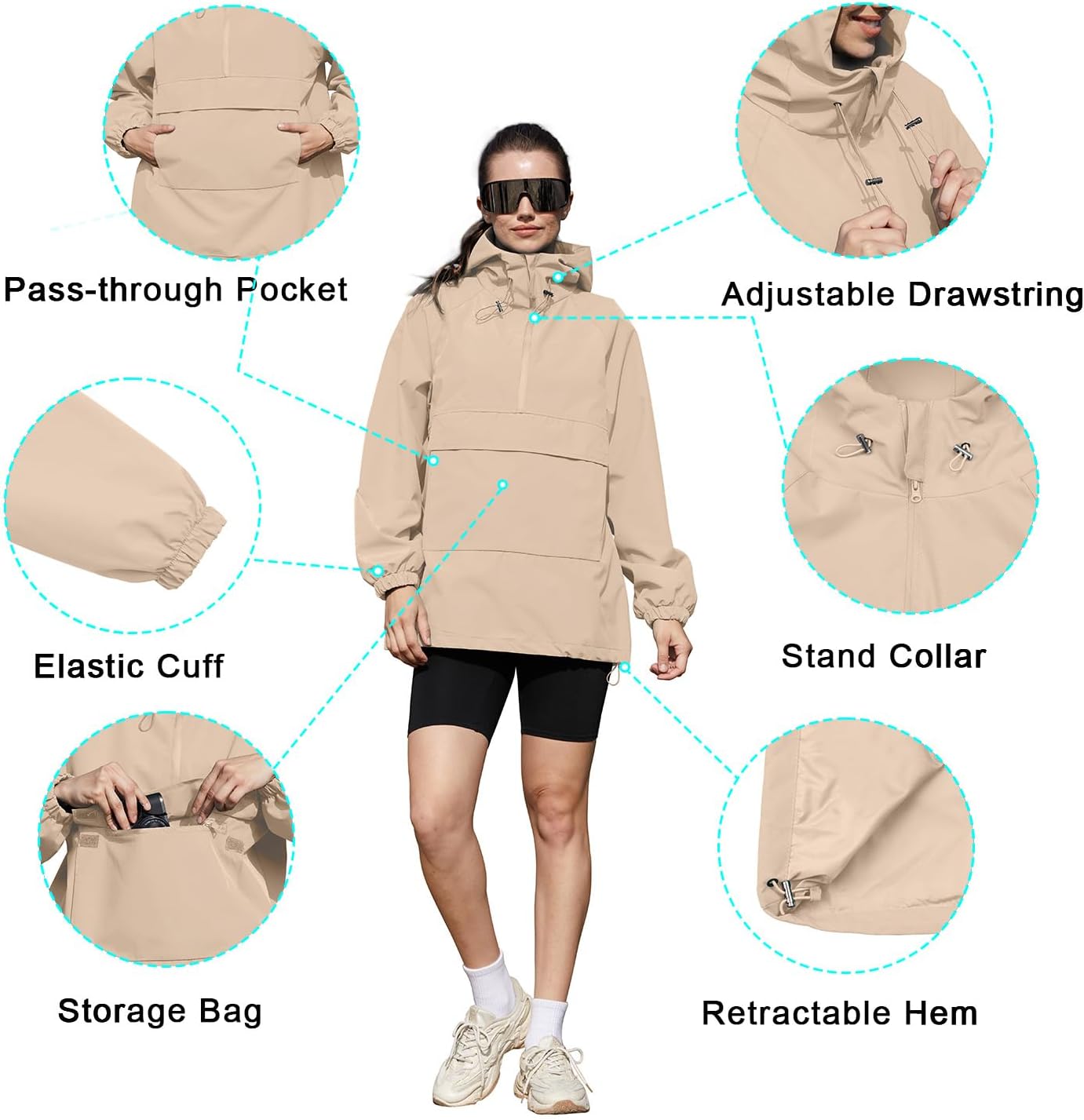 PESION Womens Packable Waterproof Raincoat Lightweight Rain Jacket, Running Cycling Hiking Windbreaker Pullover Jackets