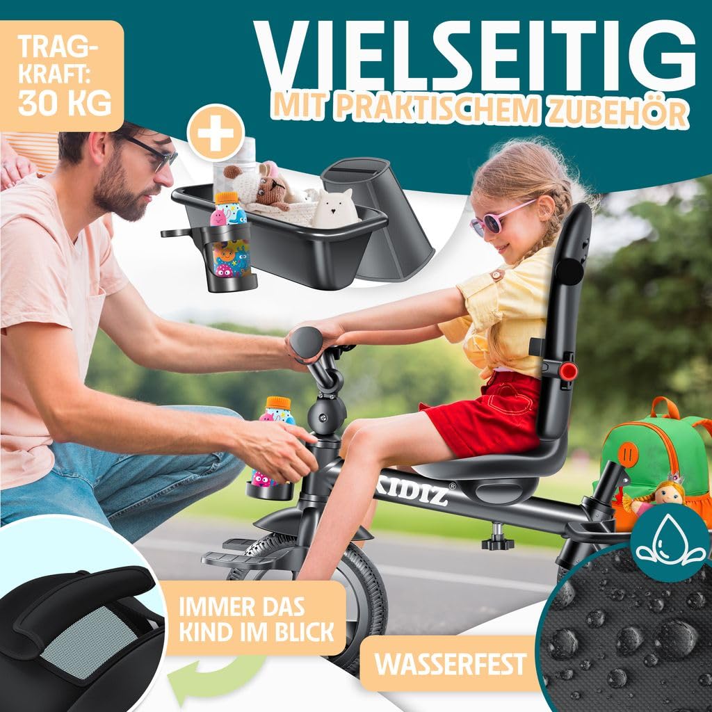KIDIZ® Dreirad 6in1 Kinderdreirad mit Schubstange Lenkbar ab 9 Monaten bis 25Kg Jogger vorwärts & Rückwärtsfahrt, Korb Tasche Getränkehalter Sonnendach Gummiräder Buggy Fahrrad Baby Klappbar Schwarz
