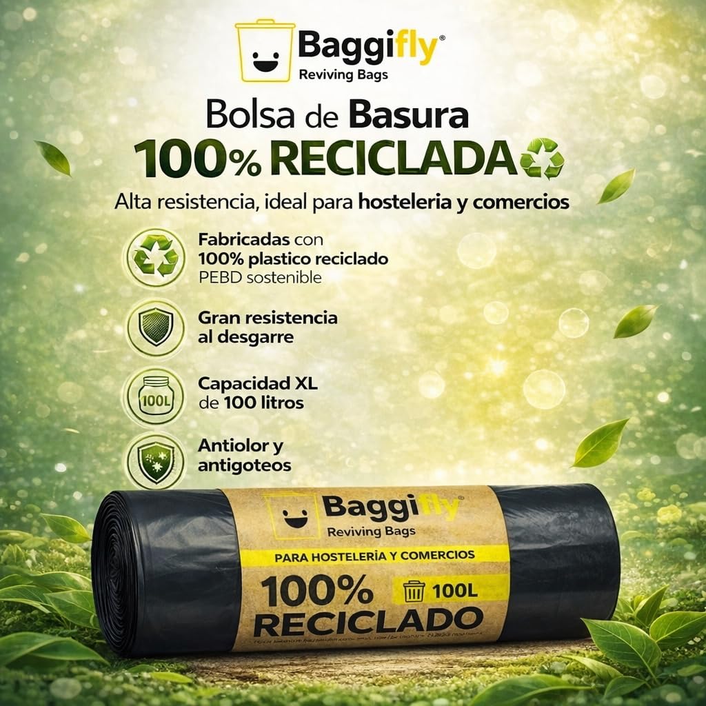Baggifly, Bolsas de Basura 100L, 120 Bolsas Súper Resistentes, 100% Recicladas, ECO Friendly, Hostelería, Comercios y Jardinería, Pack 12 x 10, Fabricado en España