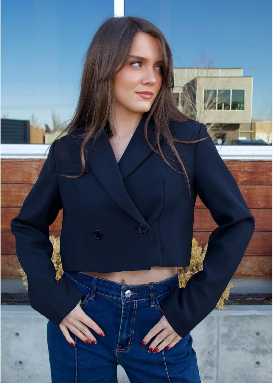 luvamia Cropped Blazers for Women Business Casual Open Front Long Sleeve Suit Jacket Trendy Oversized Work Office Blazer - Image 5