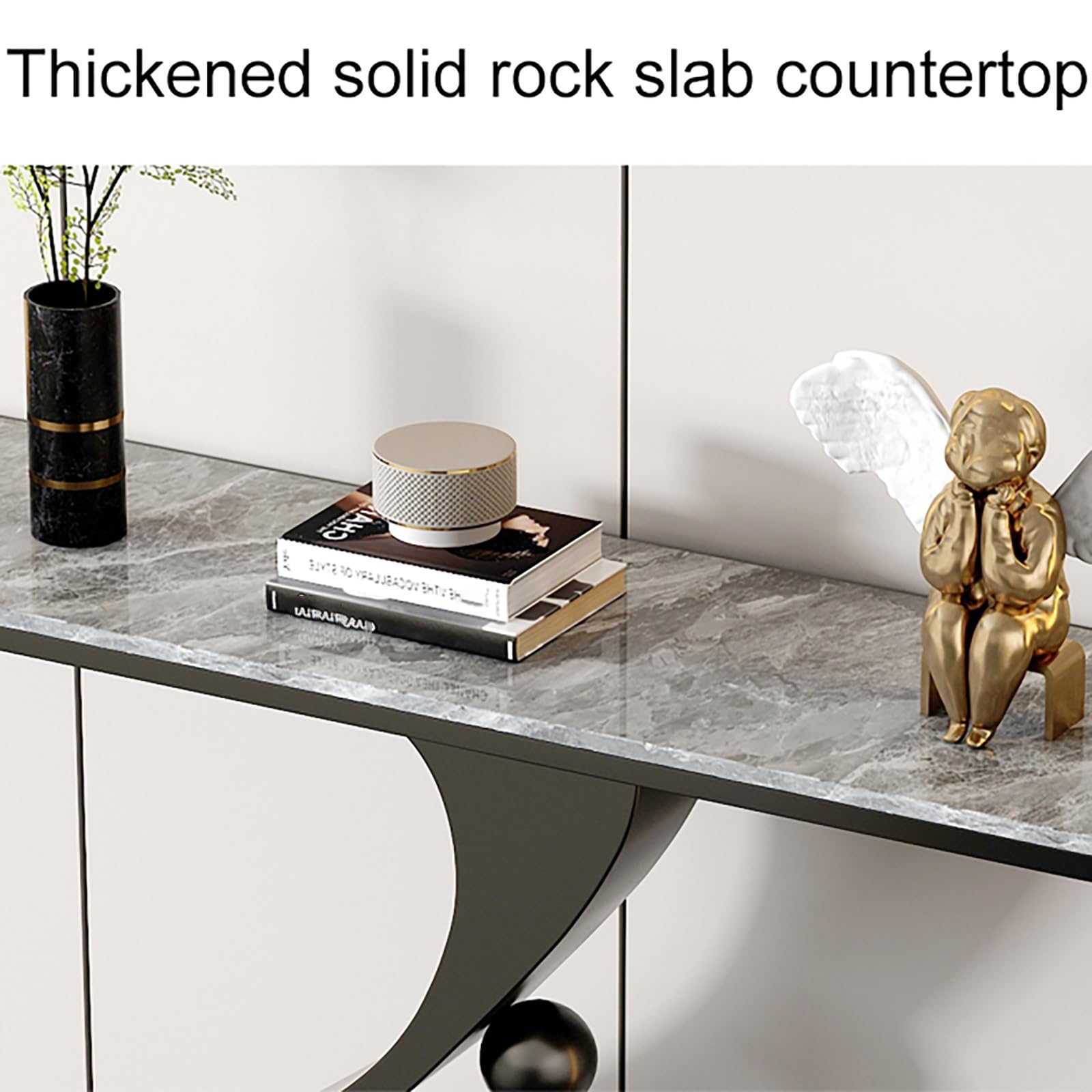 Elegante consolle stretta per piccoli spazi, mobile moderno in pietra con angoli arrotondati e robusto telaio in ferro, ideale per ingresso, corridoio, soggiorno