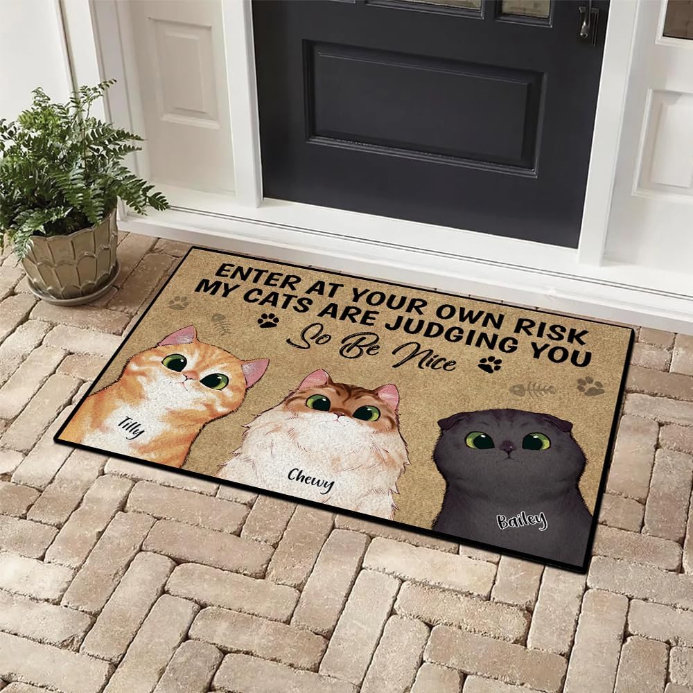 Personalized Cat Doormat, Gift for Cat Lover, My Cats are Judging You, Indoor Outdoor Entrance Doormat, Custom Name and Breed Mat, Front Door Mat for Entry