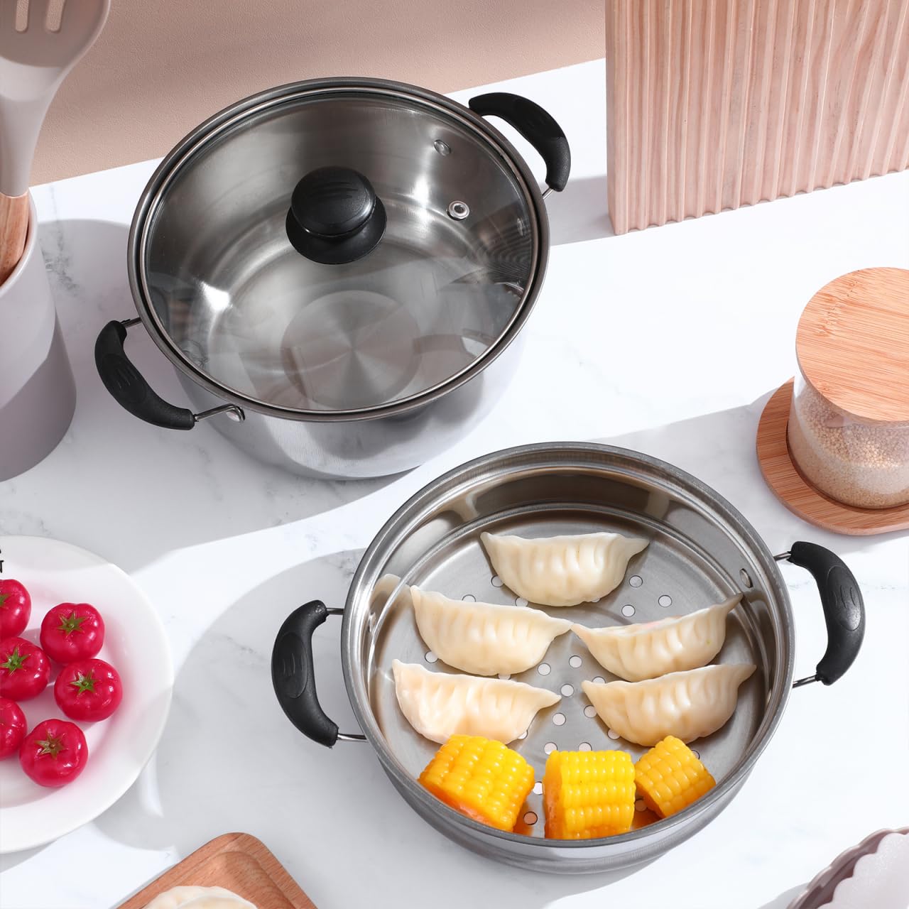 PRETYZOOM Marmite Vapeur Inox 20 Cm Cuiseur Vapeur Compatible Induction Pot Profond Pour Cuisine Maison LéGumes Fruits De Mer