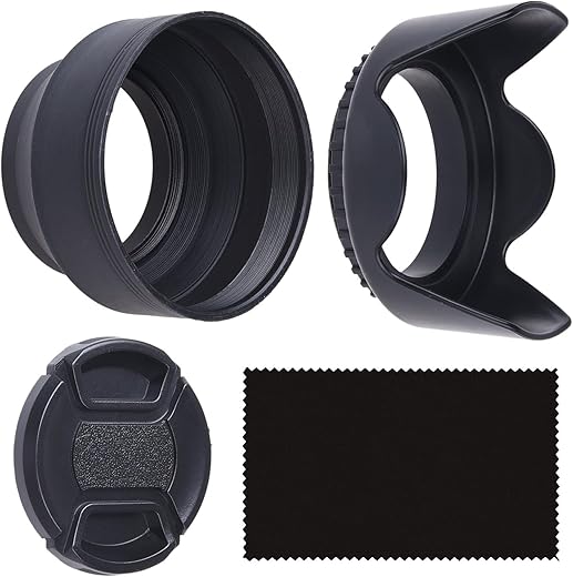 2 Lens Sunshades: Tulips + Rubber - 1 Lens Cap - Reduces Lens Glare and Glare - Blocks Excess Sunlight to Improve Photography and Video
