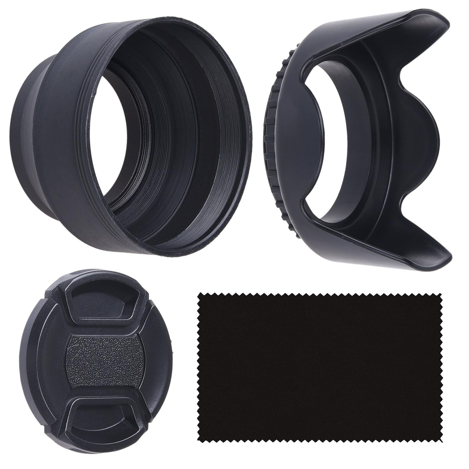 58mm Set of 2 Camera Lens Hoods and 1 Lens Cap - Rubber (Collapsible) + Tulip Flower - Sun Shade/Shield - Reduces Lens Flare and Glare - Blocks Excess Sunlight (58 mm, Rubber Hood + Tullip Hood + Cap)
