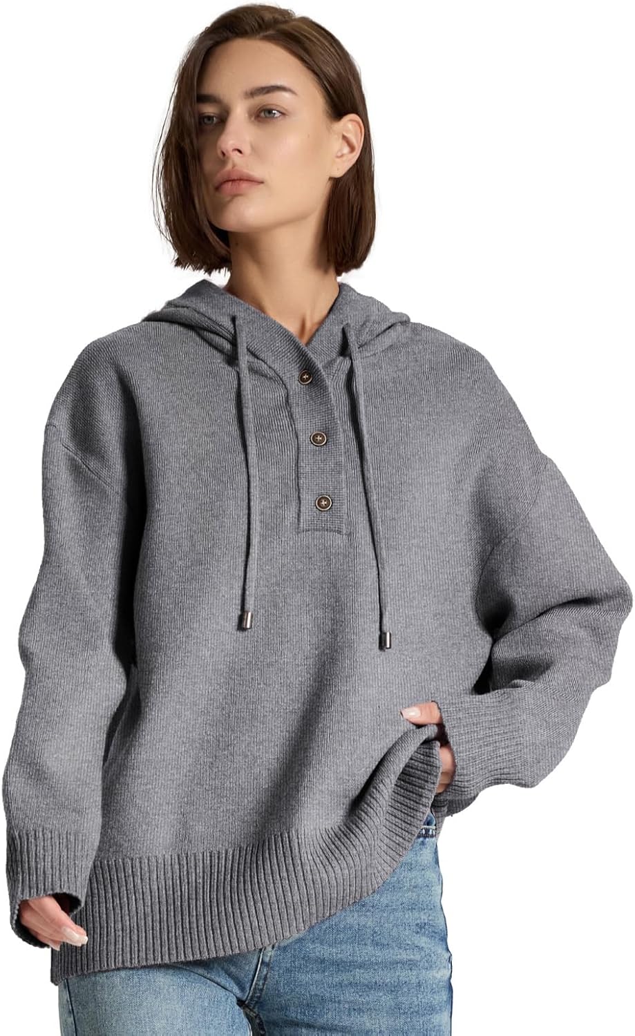 Womens Sweaters Soft Knit Pullover Henley Neck Long Sleeve Drawstring Button Front Casual Trendy Hoodies - Image 3