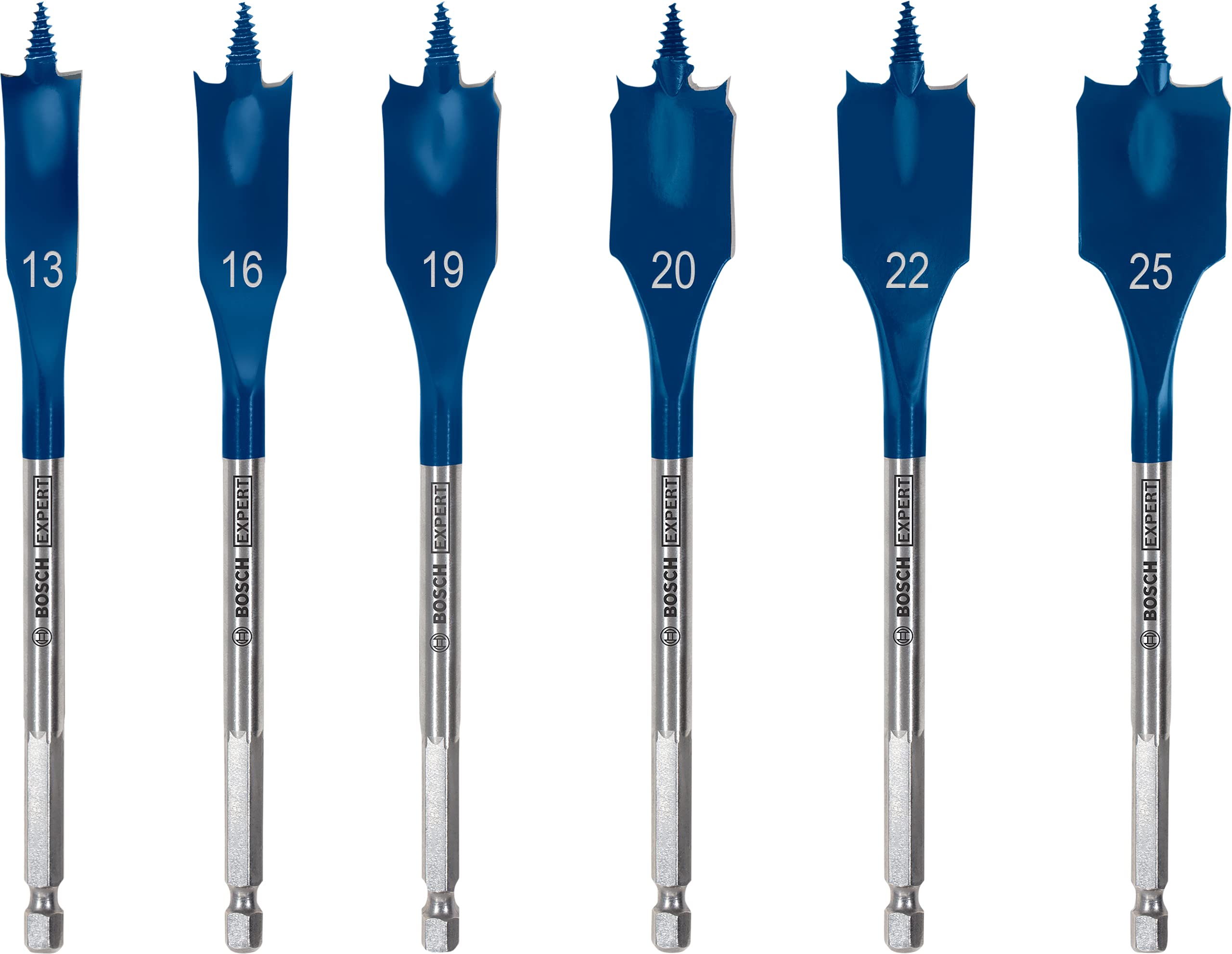 6x EXPERT Self Cut Speed Spade Drill Bit Set (for Softwood, Particleboard, Ø 13-25 mm, Professional Accessory Rotary Drill/Drivers)