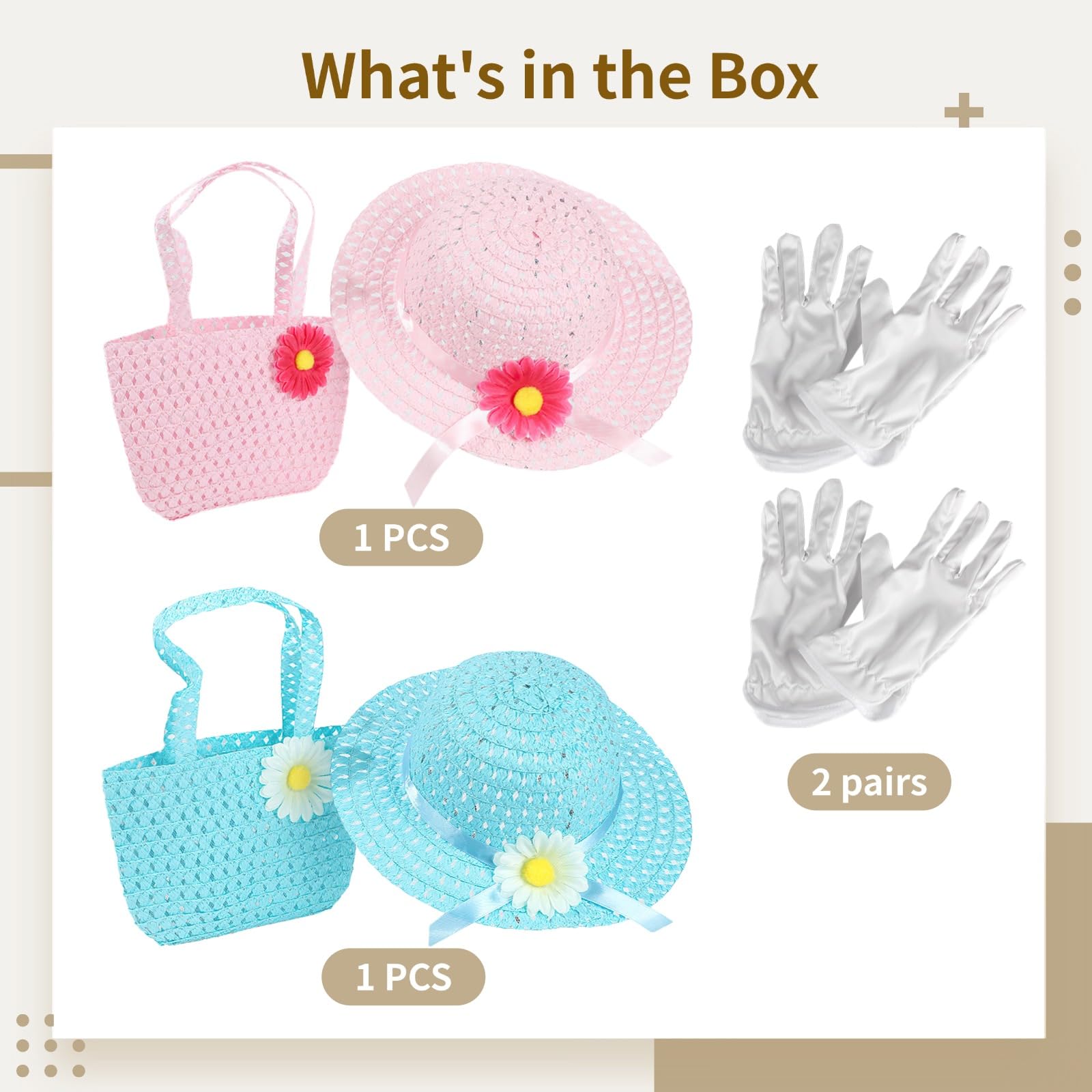 Set di 2 cappelli e guanti per feste da tè, per bambini, cappelli in paglia intrecciata rosa e blu con borse, accessori per vestire accenti floreali, per feste del tè, compleanni e giochi