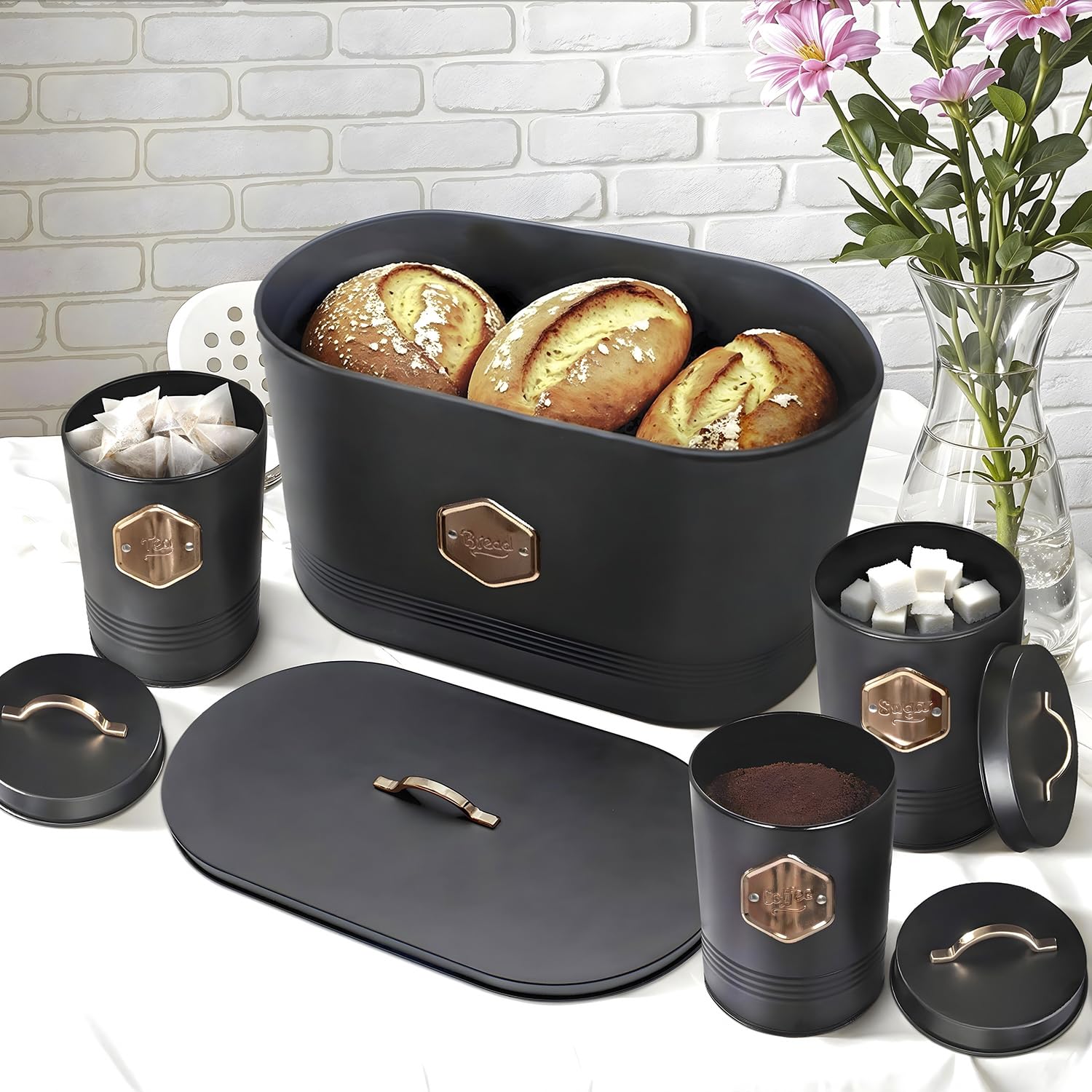 Black Bread Box Set with Coffee & Tea Canisters -4