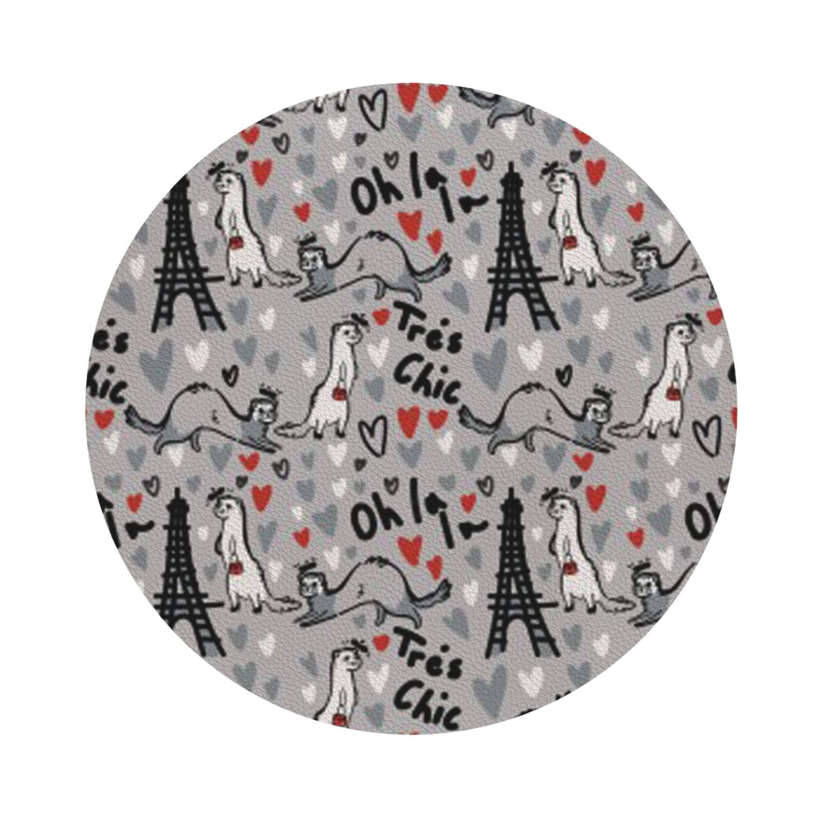 French Fashion Model Ferrets PU Leather Coasters Set of 6 Round Drink Coasters