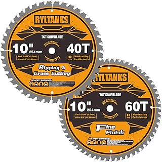 10 Inch Table Saw Blade/Miter Saw Blade, 5/8" Arbor, 40T for Ripping, Cross Cutting&60T for Fine Finish Wood Cutting, 2-Pack