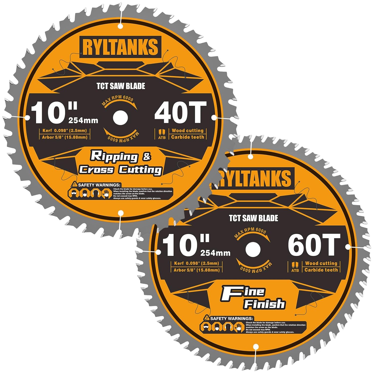 10 Inch Table Saw Blade/Miter Saw Blade, 5/8" Arbor, 40T for Ripping, Cross Cutting&60T for Fine Finish Wood Cutting, 2-Pack
