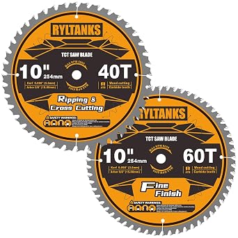 10 Inch Table Saw Blade/Miter Saw Blade, 5/8" Arbor, 40T for Ripping, Cross Cutting&60T for Fine Finish Wood Cutting, 2-Pack