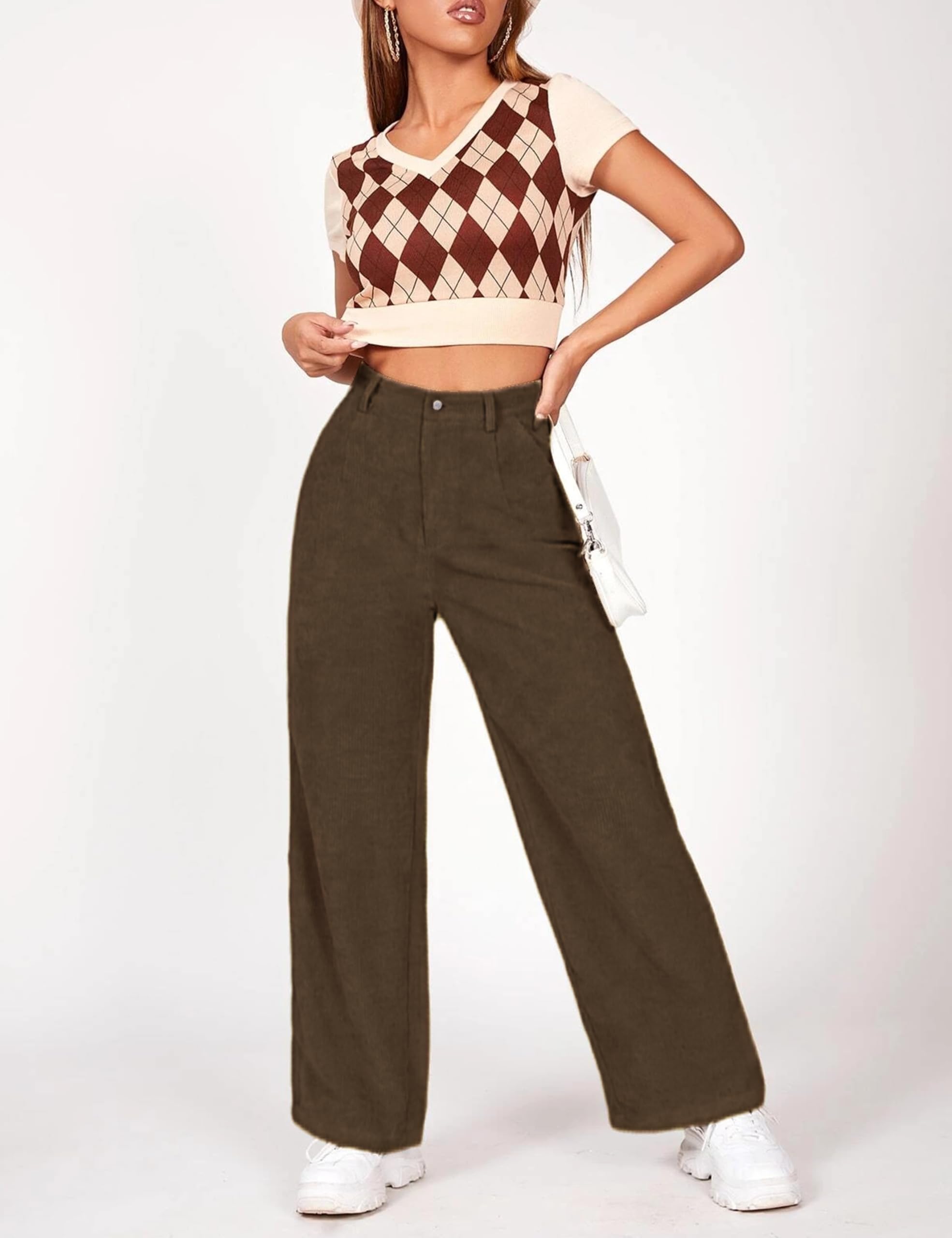 Himosyber Corduroy Pants for Women Casual Elastic High Waist Stretchy Wide Leg Pants Loose Fit Comfy Trousers with Pockets