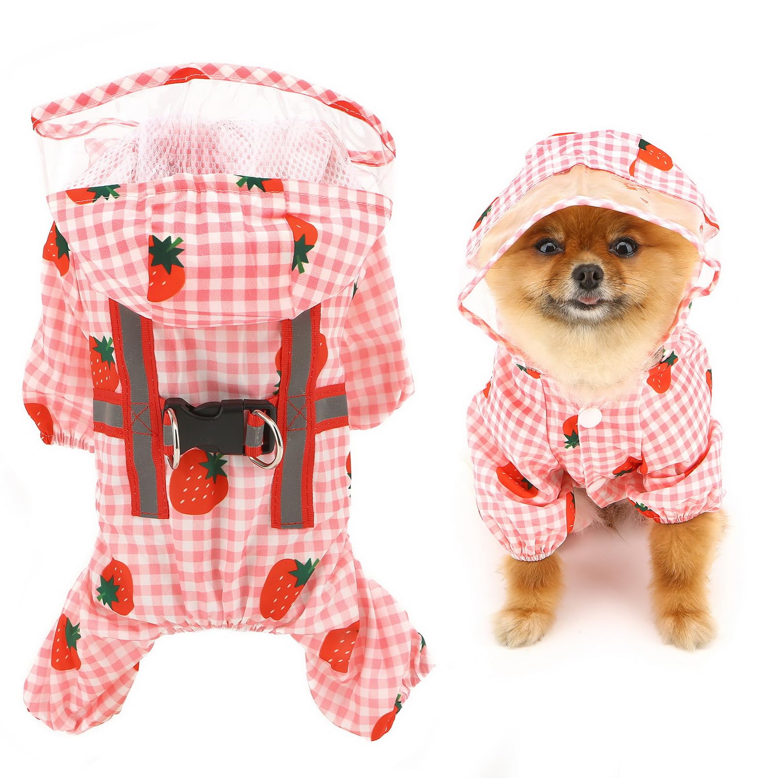 SMALLLEE_LUCKY_STORE Gingham Check Dog Raincoat with Clear Hood Double Ring Fruit Printed Adjustable Waterproof Reflective Puppy Rain Jacket for Small Dog Boy Girl Pet Poncho, Pink, M