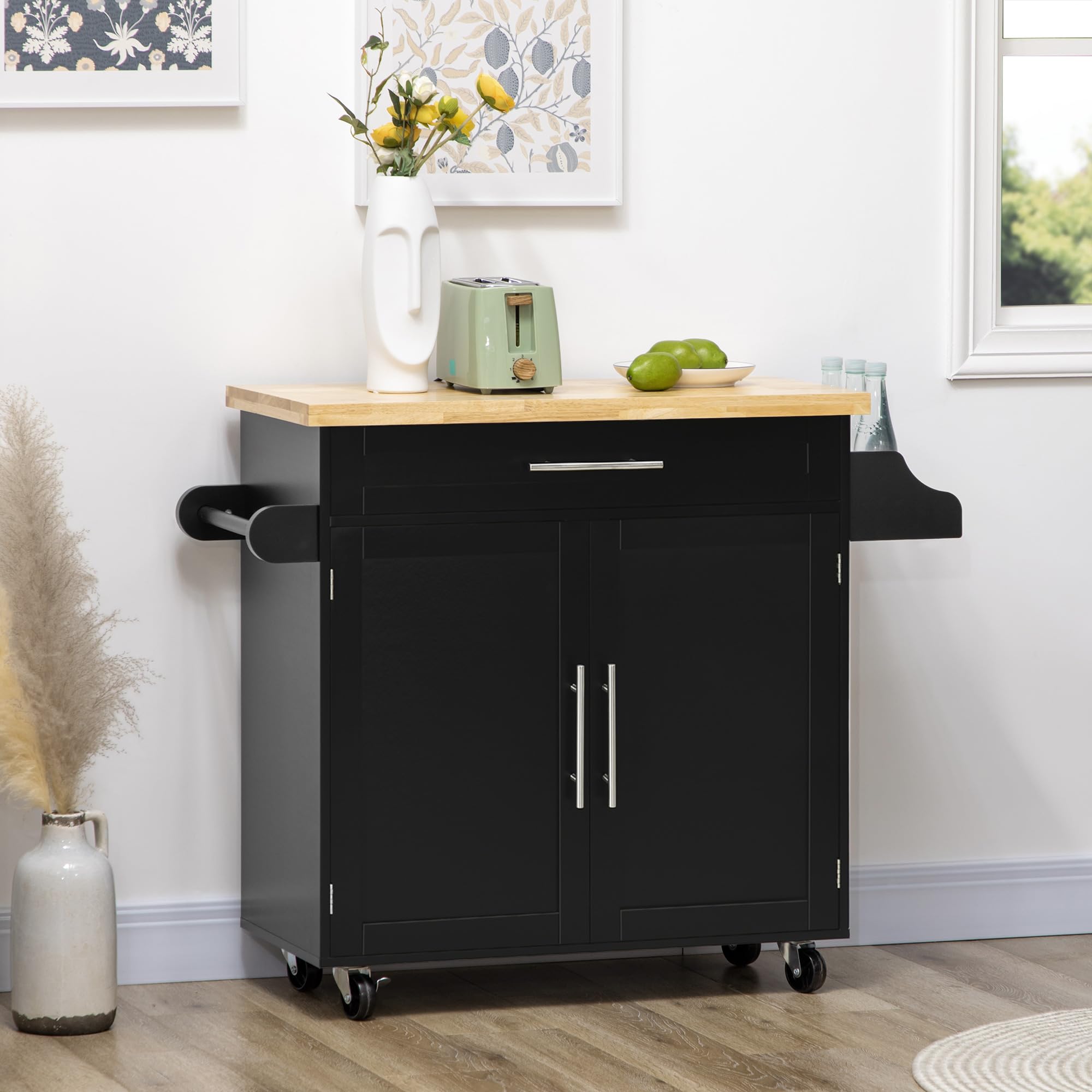 HOMCOM Chariot de cuisine avec plan de travail, chariot de cuisine avec étagère à épices, porte-serviettes pour salon, salle à manger, noir, 109 x 40 x 89 cm