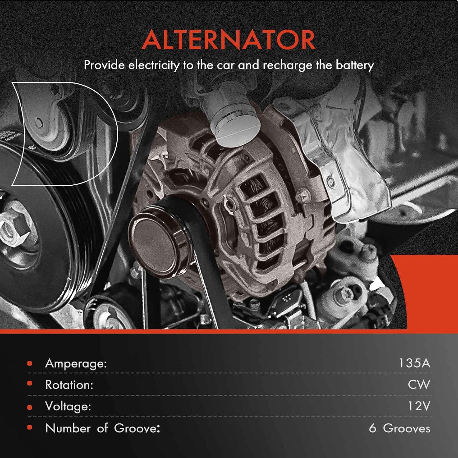 A-Premium Alternator Compatible with Acura RDX 2013 2014 2015, 3.5L, 12V 135A 6-Groove Pulley Clockwise Replace# 104210-1890, 31100-R8A-A01