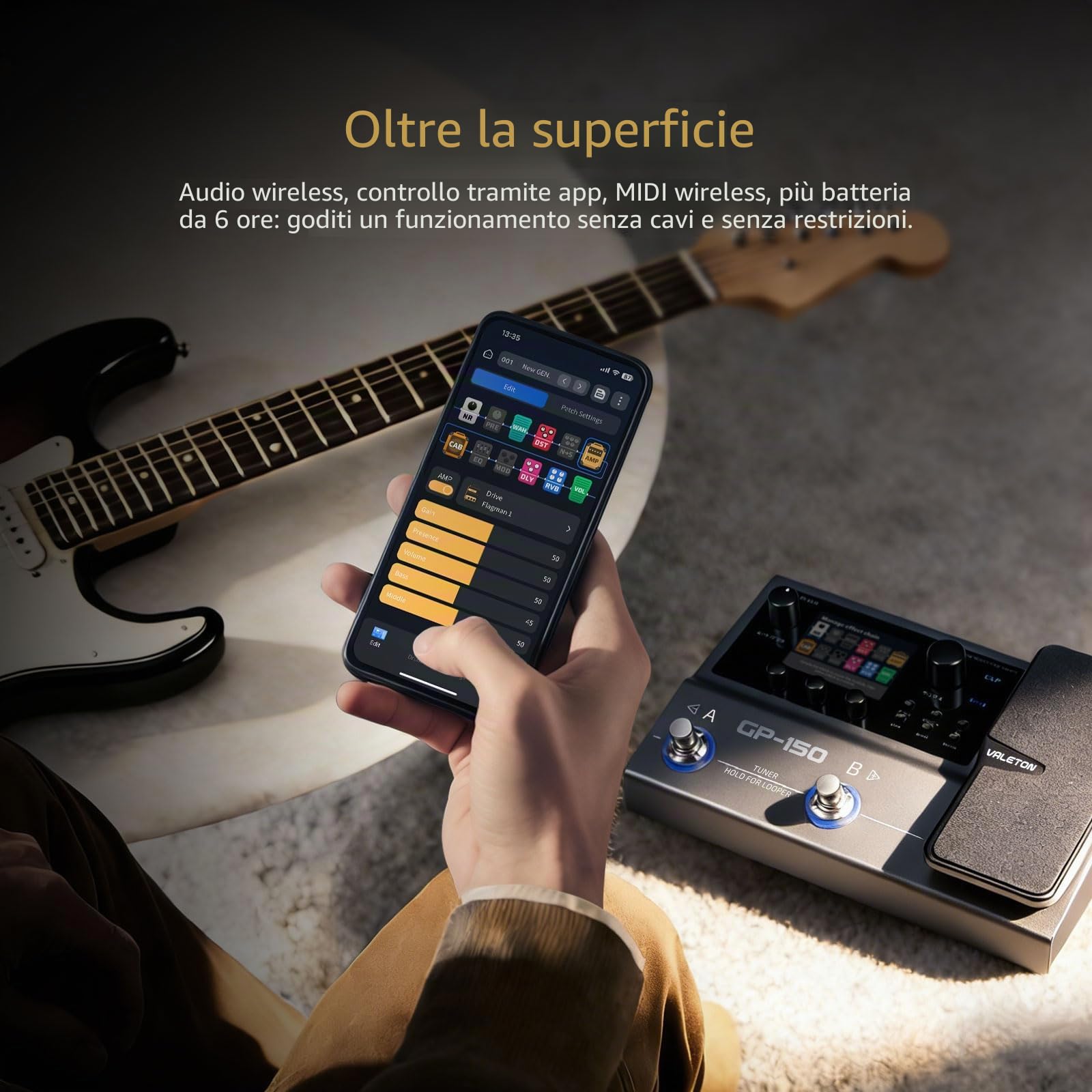 VALETON Processore Multi-Effetti con 200+ Effetti HD, Caricamento IR/NAM, Looper 180s, Batteria e BT GP-150