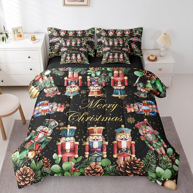 Erosebridal Cartoon Xmas Nutcracker Queen Comforter Set with Sheets 7 Piece Christmas Nutcracker Bed in A Bag Pinecone Pine Leaves Bedding Sets for Kids Adults,Merry Christmas Bed Set