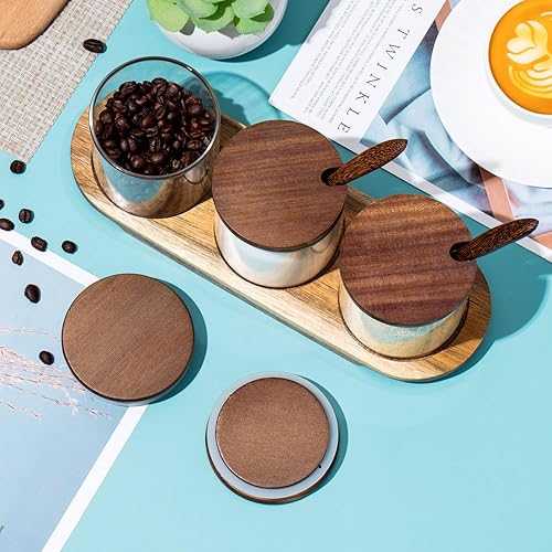 Miniatura 5 de Tessco Juego de 2 recipientes de condimentos de vidrio con tapas y cucharas, azucarero, caja de especias de madera, recipientes de vidrio con tapas,