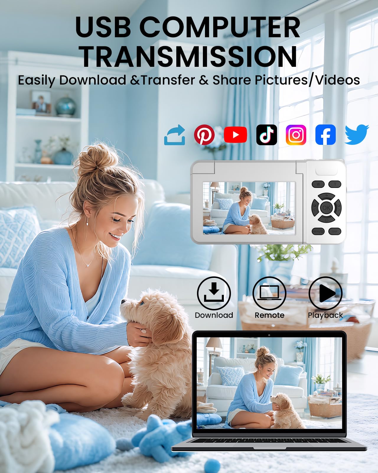 Cámara digital 5K para fotografía con luz de relleno, pantalla abatible de 180° de 3 pulgadas, cámara de vlogging de 75 MP para video de YouTube, zoom de 18X, cámaras compactas para apuntar y