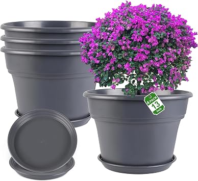 Myfeegoin 13-inch-Plant-Pots, 4 Pack Large Planters for Outdoor Plants, Plastic Flower Pots Indoor with Drainage Holes & Trays, Classic Garden Pot Container for House