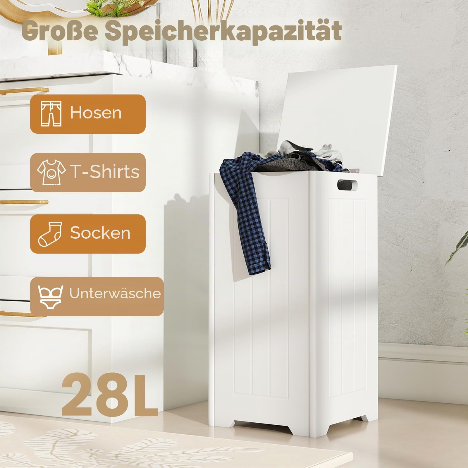 LIFEZEAL Wäschekorb mit Deckel, 54L Wäschebox mit Metallstützstange & ausgehöhlten Tragegriffen, Wäschesammler Wäschetruhe Platzsparend, 30 x 30 x 61 cm, Weiß (mit Innentasche)
