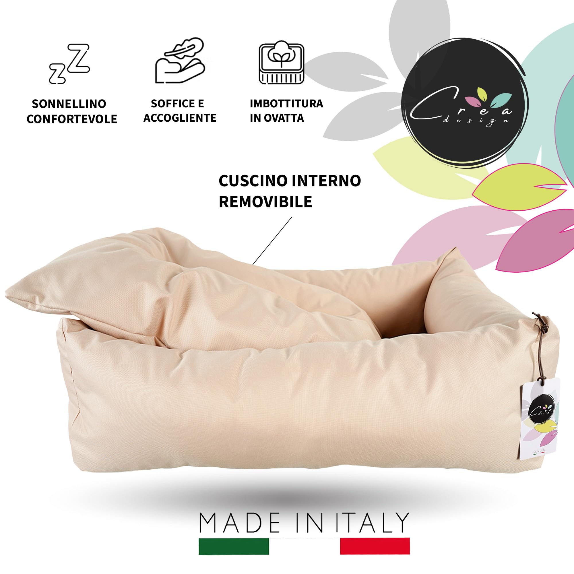 Crea Bed - Cuccia lettino per cani idrorepellente resistente ai graffi, realizzata a mano in Italia. Cuscino per Cane tessuto robusto per l'uso interno ed esterno. XS/S | 50 x 60 cm, BEIGE