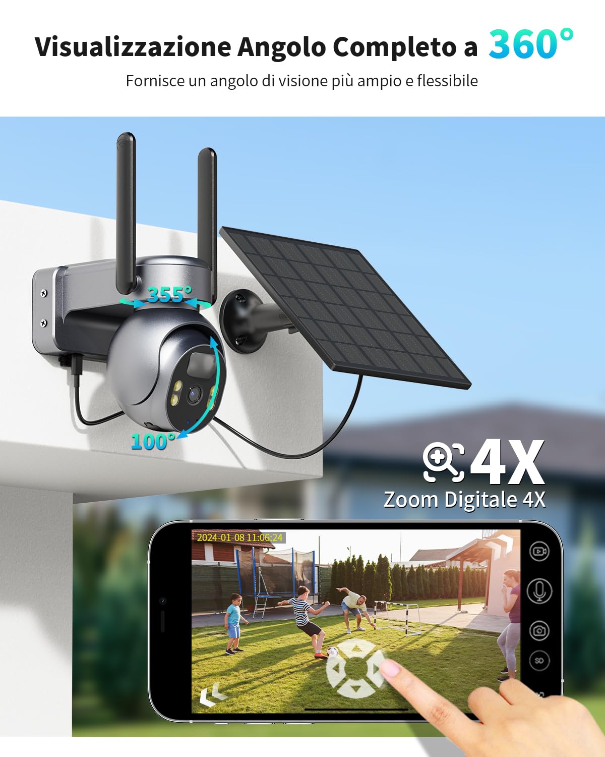 SEHMUA 4G LTE Telecamera con SIM Esterno, 2K HD PTZ Senza Fili | Videocamere con Pannello Solare Batterie, Rilevamento PIR e Audio Bidirezionale, Visione Notturna