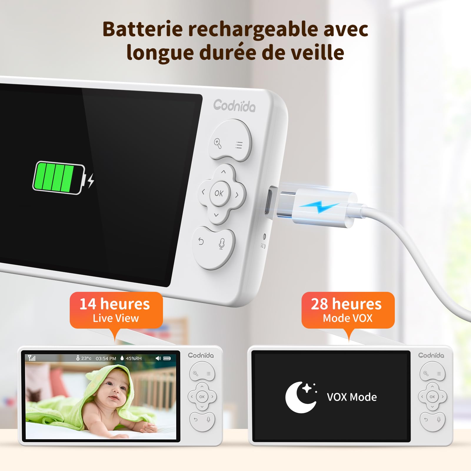 Codnida 5.5" LCD Babyphone Camera,2K 3MP Caméra Bebe Surveillance avec Vision Nocturne Suivi Automatique Capteur Soins Intelligents Mode Vox Audio Bidirectionnel Berceuses