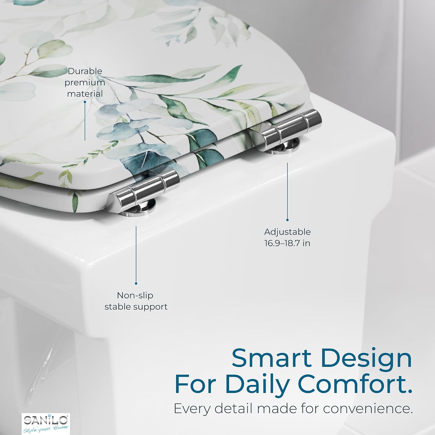 SANILO Wooden Toilet Seat with Soft Close [ROUND] - Decorative, Quiet & Slow Close Molded Wood Seat - With Strong Bumpers & Hinges - Adjustable Fit – Eucalyptus