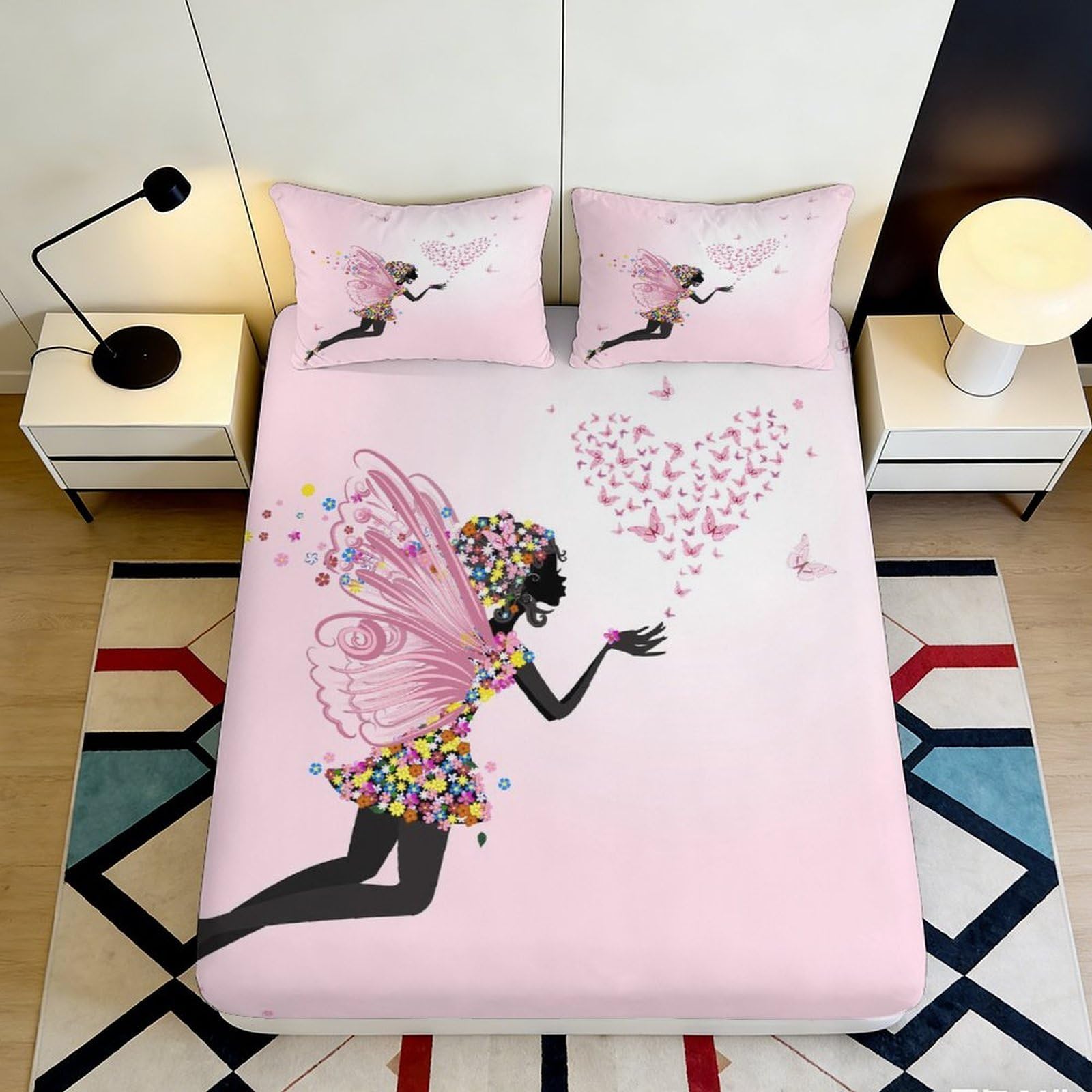 3D Printed Pink Fairy Fitted Sheet Microfiber Soft Breathable Butterfly Bed Cover for Bedroom Dormitory Guest Room Mattress Protection Decor 180x200x25cm