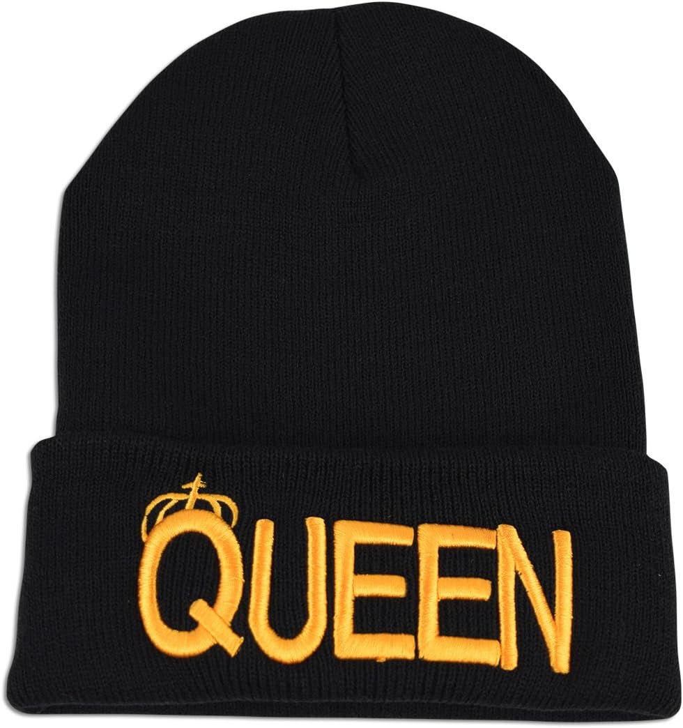 King Queen Crown Embroidery Unisex Knit Winter Warm Ski Hat Fold-Up Beanie Cap