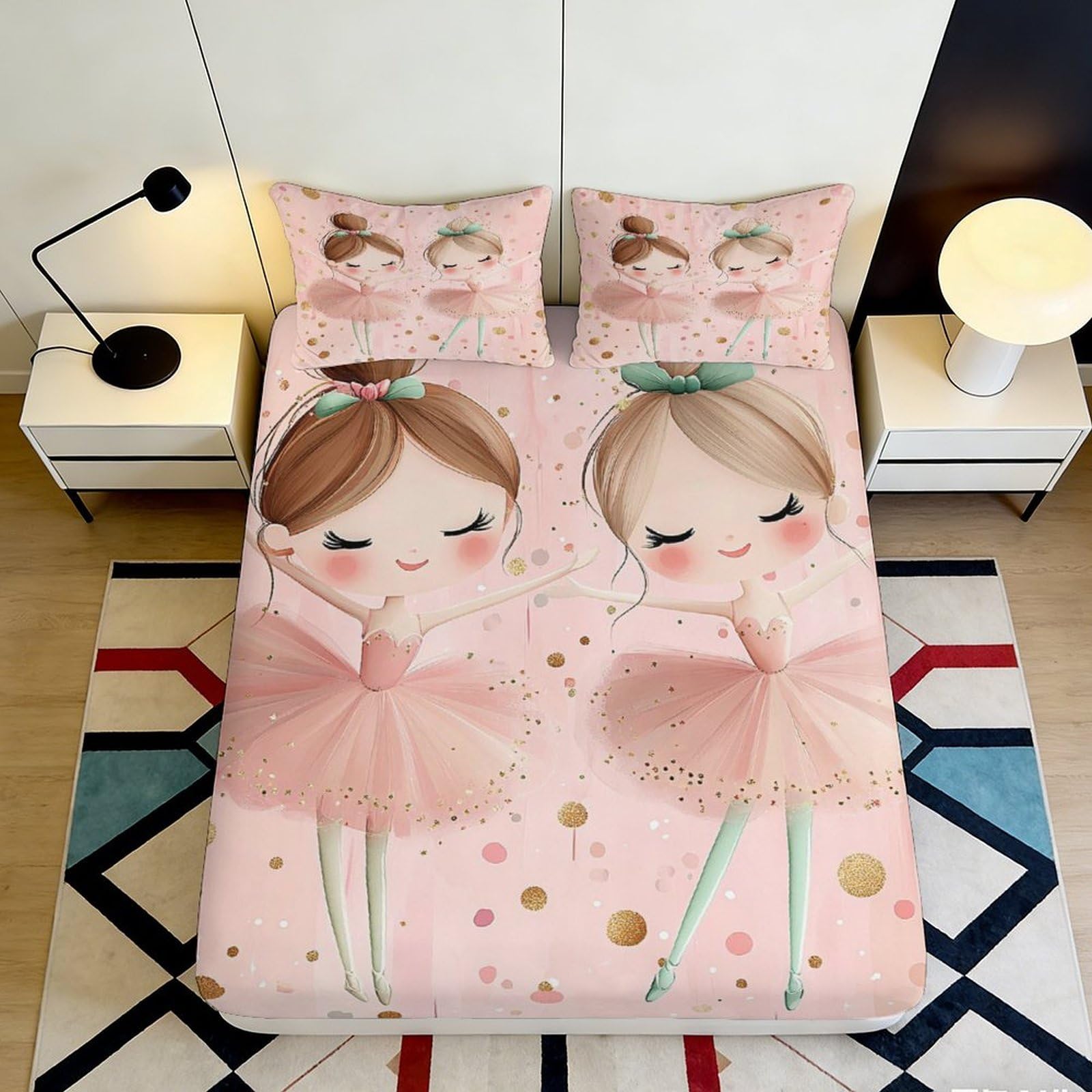 Jqzkxnhpbr Girls Style-1 3D Printed Ballet Fitted Sheet Microfiber Pink Cartoon Bed Cover Non-Slip Washable Decor For Bedroom Guestroom 90X200x25cm