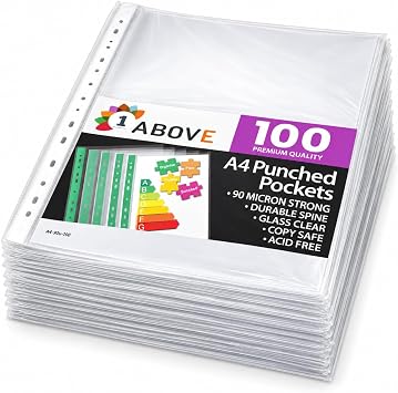 A4 Clear Punched Pockets, 90 Micron Sheet Protectors, 100 Pack