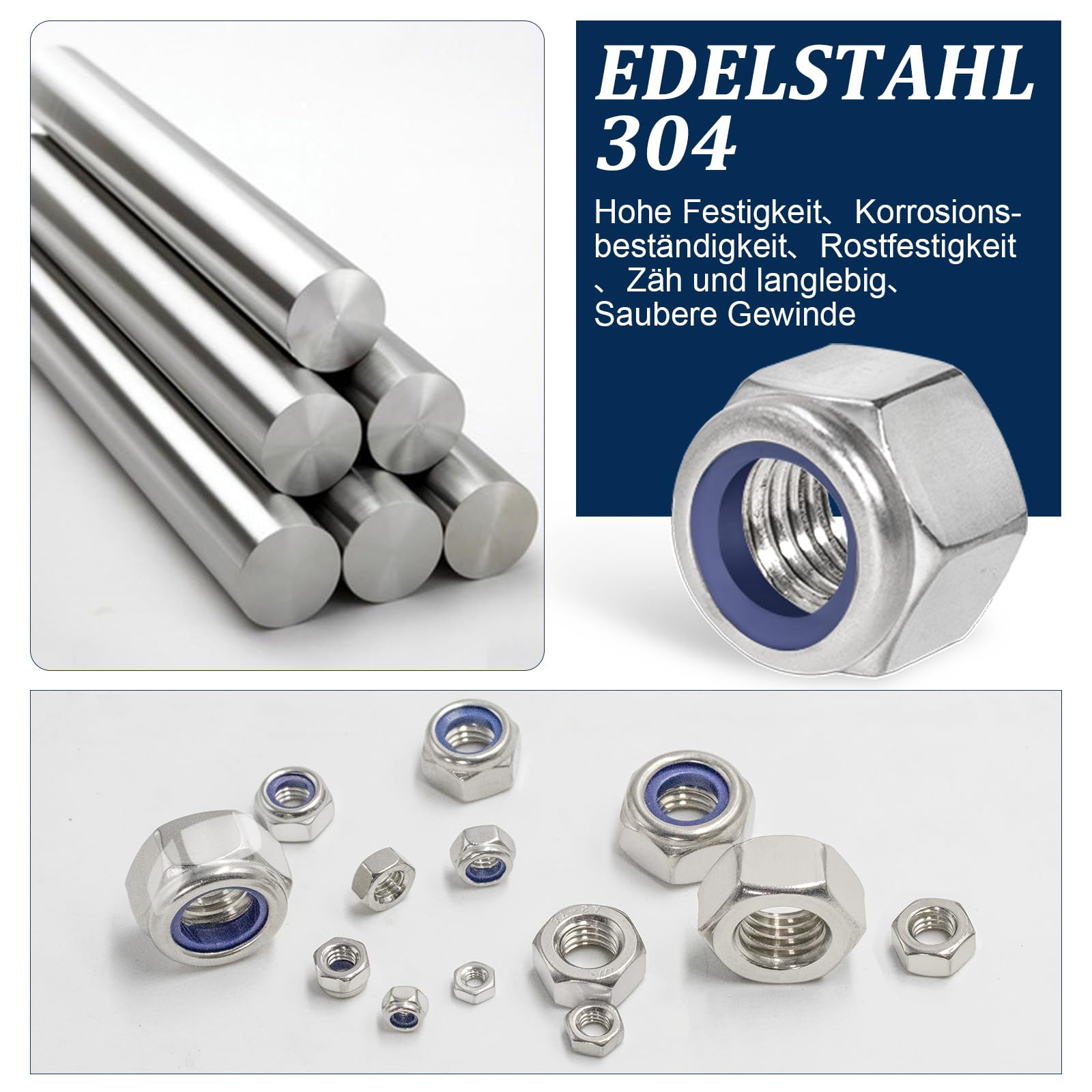 Sortimentssatz für metrische Sechskantmuttern und Kontermuttern (360 Stück), M3, M4, M5, M6, M8, M10, M12, verschiedene Sechskantmuttern-Sets aus Edelstahl, helles Finish