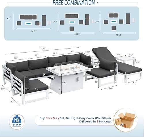 Miniatura 939 de NICESOUL 7 Piece White Powder-Coated Aluminum Patio Furniture with Fire Pit Table, 29 Inch Extra Wide Outdoor Sectional Sofa for 6, High-End Heavy