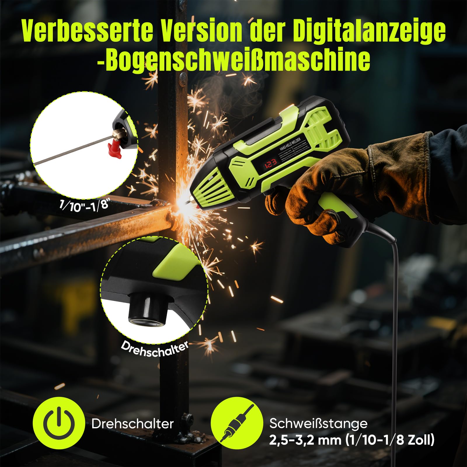 Lichtbogenschweißgerät, 220 V Handschweißgerät mit 6 Variable Stromeinstellungen, 20-200ampfbarem Ausgangsstrom, geeignet für 3/32 "-1/8" (2,4-3,2 mm) Schweißstangen (grün)