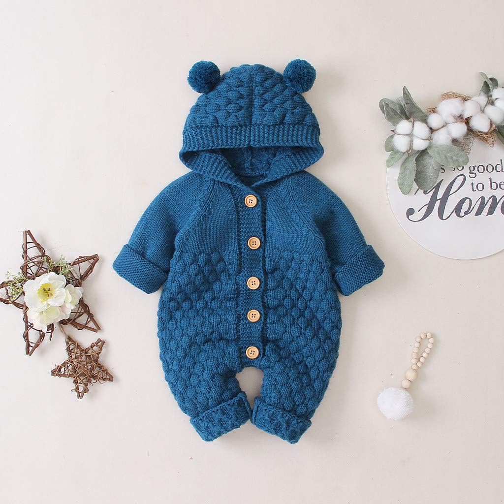Baby Boy Ribbed Outfit with Hat Infant Baby Winter Girl Hooded Boy Knit Warm Jumpsuit Sweater (Dark Blue, 18-24 Months)