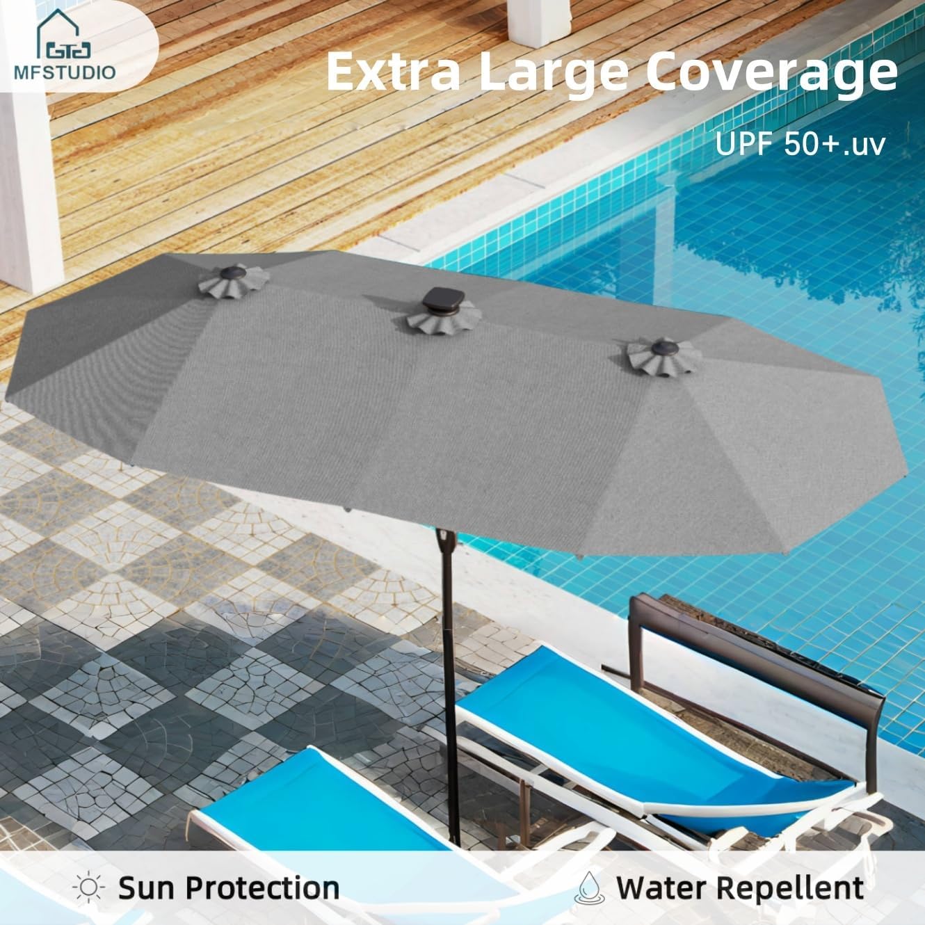 MFSTUDIO 13FT Patio Umbrella with Solar Lights, Double-Sided Outdoor Table Rectangular Umbrellas with 120 LED Lights, Hand Crank for Lawn Backyard Pool, Smoky Gray