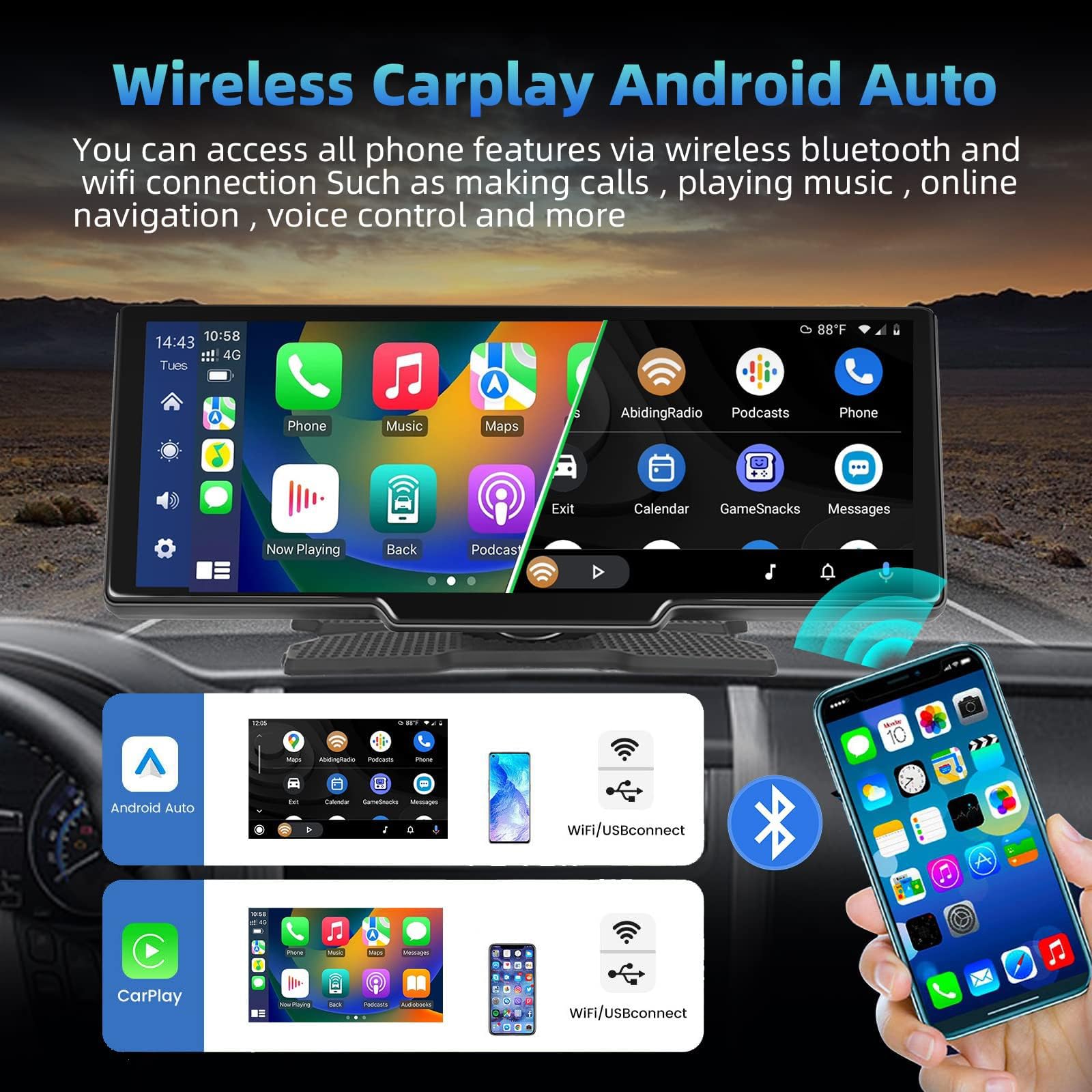 Podofo 9,3 Pollici Portatile Autoradio da 2.5K Dual Dash Cam con Schermo Android Auto Wireless A-pple Carplay, 7-32V Touch Screen con Assistente Vocale/Bluetooth/FM Trasmettitore/AUX/64G TF Card