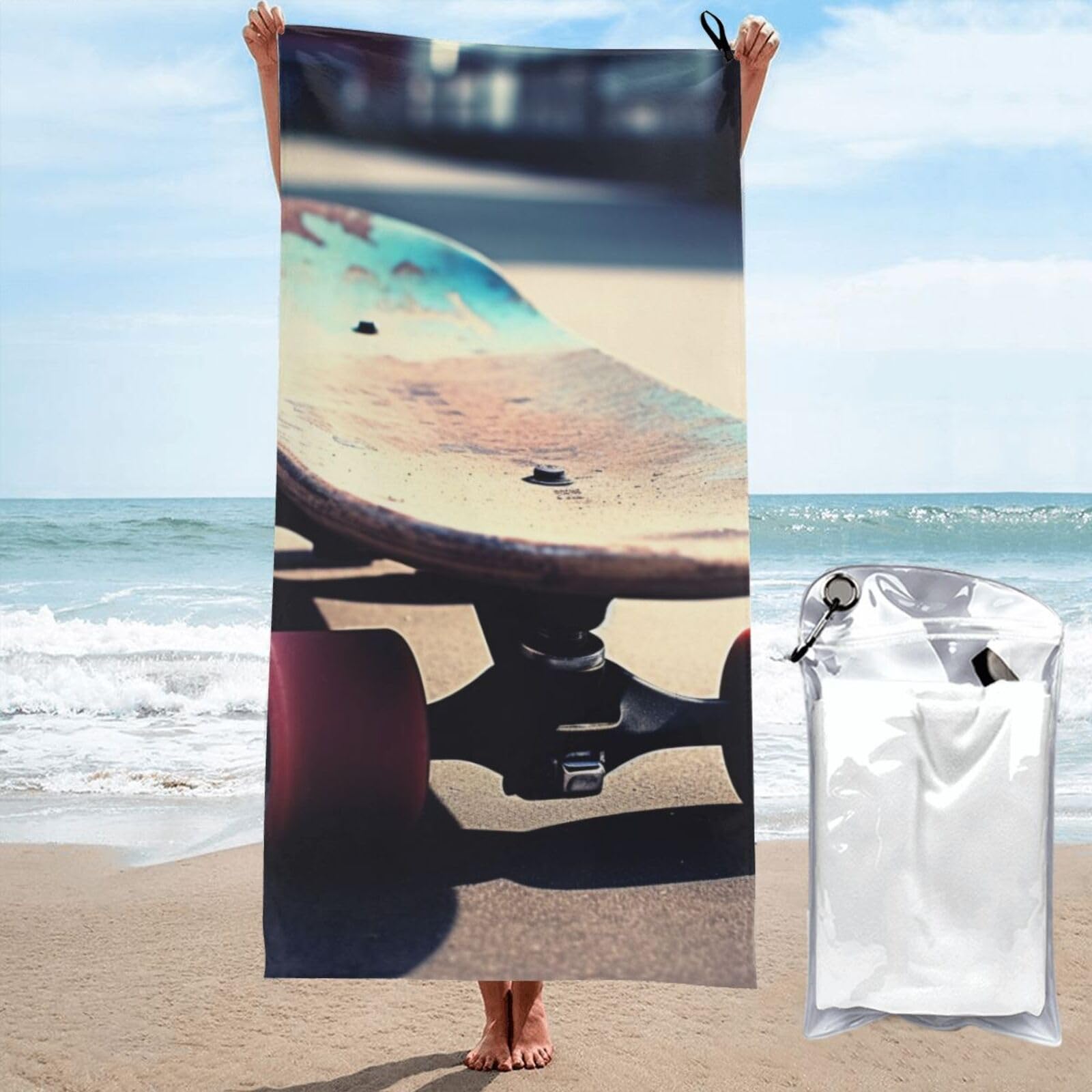BWWHCCTI Skateboard Printed Microfiber Quick Dry Beach Towel 80x160 CM, Fast Drying Bath Towels with Bags for Travel,Camping,Gym,Beach,Swimming,Yoga