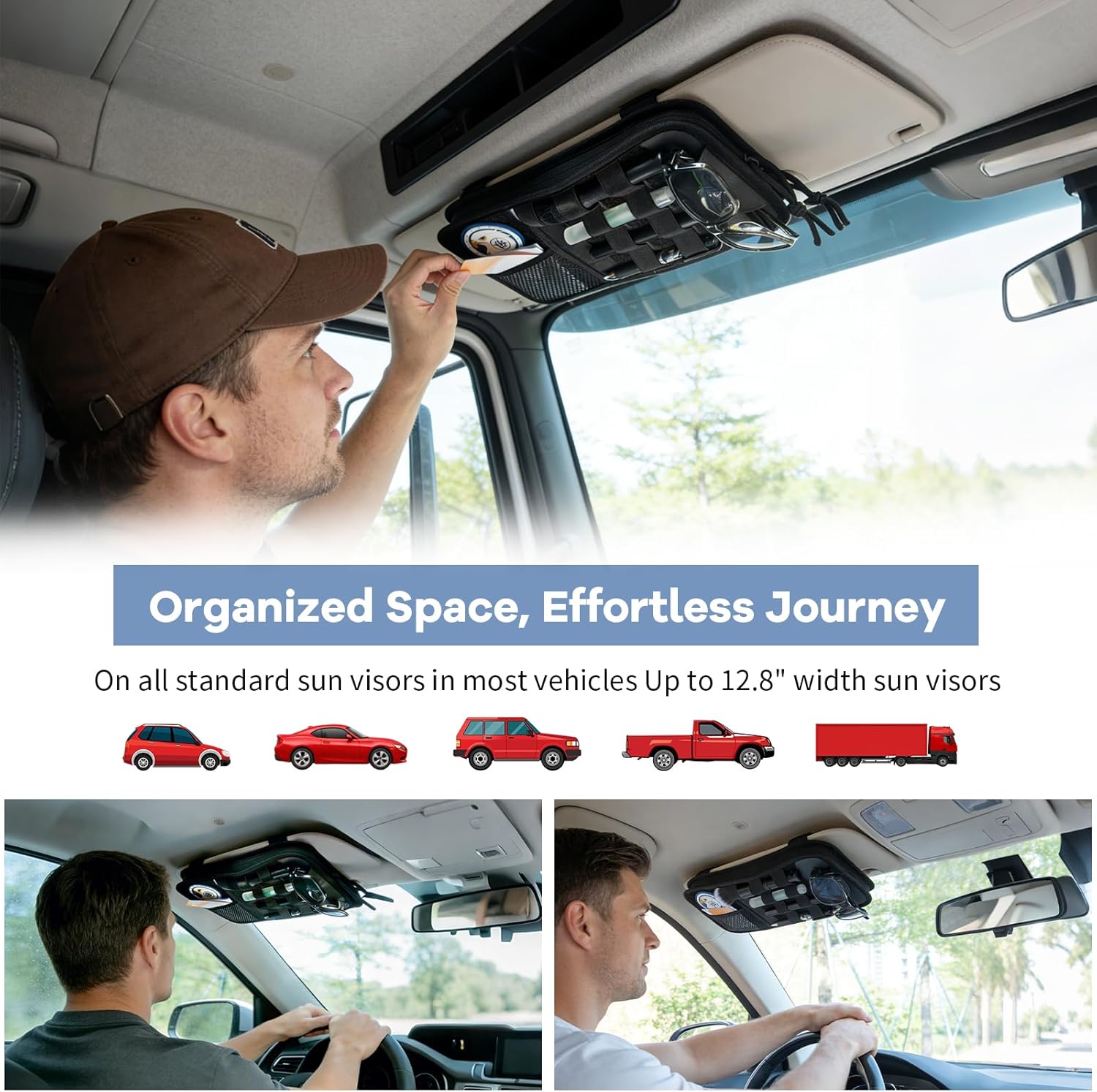 Car Sun Visor Organizer, Heavy Duty Molle Panel with Double Zipper Multi-Pockets & Glasses Clip, Tactical Storage Pouch for Cars, SUVs, Trucks (2 Pack)