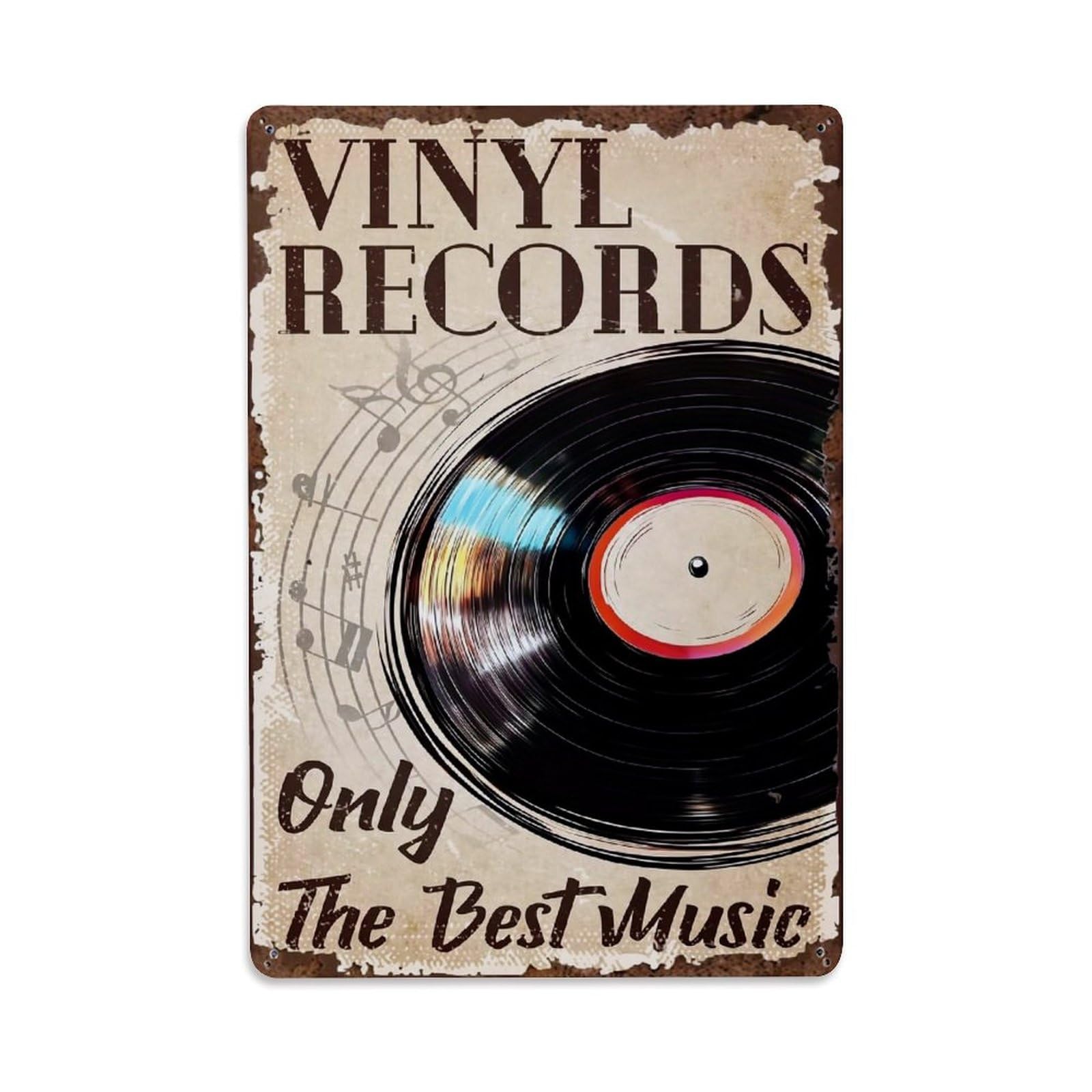 Jdfenggu Vintage Vinyl Records Only Best Music Retro Metal Tin Sign, Decor Art Poster For Bar, Home, Man Cave, Kitchen, Laundry Room Gift 8X12inch