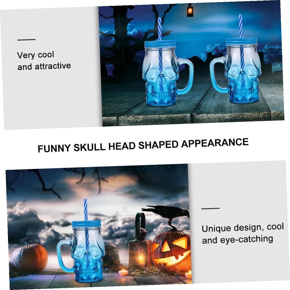 2pcs Halloween Skull Glass Cups with Handle 500ml Drinking Glasses for Party Beverage and Beer Halloween Skull Drinkware Set with Lid and Straw Novelty Glassware Random Color