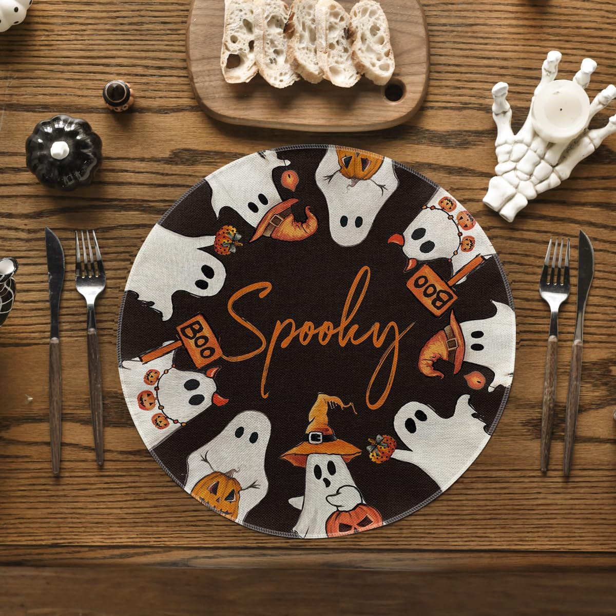 Artoid Mode Spooky Ghost Halloween Round Placemats Set of 4, 14 Inch Table Mats for Party Kitchen Dining