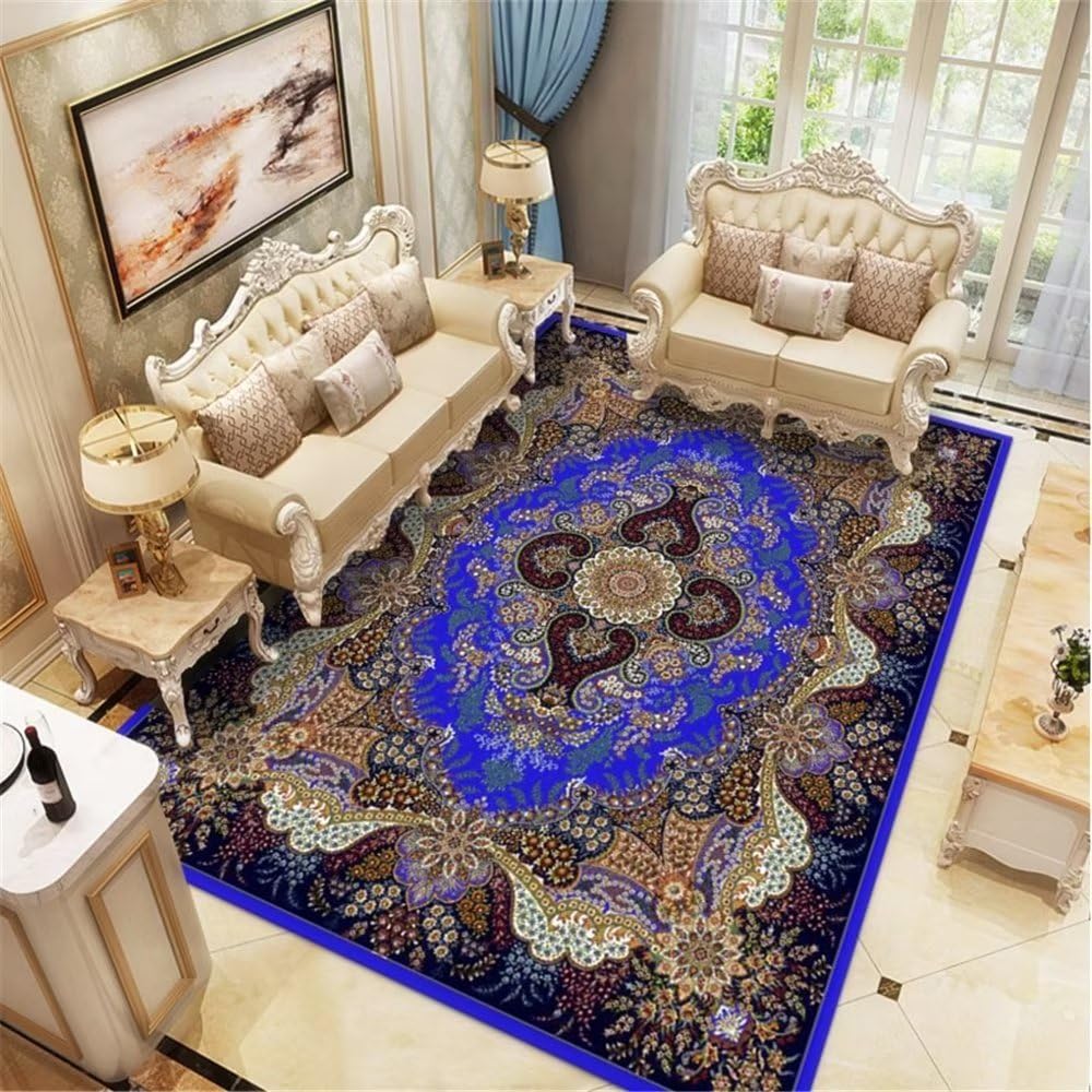 Tapis antidérapant bleu foncé 180x280cm avec motif de plantes